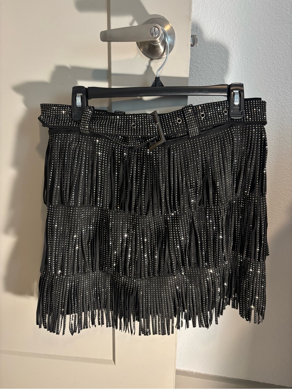 Fringed Mini Skirt with Belt - Black